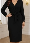 Kadın Uzun Kollu Kruvaze Yaka Belden Kuşaklı Midi Ithal Krep Elbise
