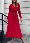 Kadın Uzun Kollu Kruvaze Yaka Belden Kuşaklı Pileli Ithal Krep Elbise