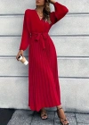 Kadın Uzun Kollu Kruvaze Yaka Belden Kuşaklı Pileli Ithal Krep Elbise