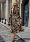 Kadın Uzun Kollu Kruvaze Yaka Belden Oturtmalı Midi Modal Leopar Desenli Elbise