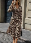 Kadın Uzun Kollu Kruvaze Yaka Belden Oturtmalı Midi Modal Leopar Desenli Elbise
