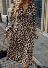 Kadın Uzun Kollu Kruvaze Yaka Belden Oturtmalı Midi Modal Leopar Desenli Elbise