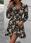 Kadın Uzun Kollu Kruvaze Yaka Beli Gipeli çiçek Desenli Kısa Dalgıç Elbise