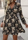 Kadın Uzun Kollu Kruvaze Yaka Beli Gipeli çiçek Desenli Kısa Dalgıç Elbise