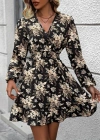Kadın Uzun Kollu Kruvaze Yaka Beli Gipeli çiçek Desenli Kısa Dalgıç Elbise