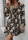 Kadın Uzun Kollu Kruvaze Yaka Beli Gipeli çiçek Desenli Kısa Dalgıç Elbise