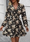 Kadın Uzun Kollu Kruvaze Yaka Beli Gipeli çiçek Desenli Kısa Dalgıç Elbise