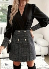 Kadın Uzun Kollu Kruvaze Yaka Eteği Düğmeli üst Krep Alt Dokuma Elbise