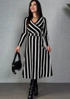 Kadın Uzun Kollu Kruvaze Yaka Kemer Dahil çizgili Triko Elbise