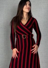 Kadın Uzun Kollu Kruvaze Yaka Kemer Dahil çizgili Triko Elbise