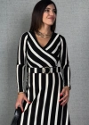Kadın Uzun Kollu Kruvaze Yaka Kemer Dahil çizgili Triko Elbise