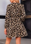 Kadın Uzun Kollu Kruvaze Yaka Kemerli Desenli Mini Leopar Elbise