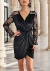 Kadın Uzun Kollu Kruvaze Yaka Kollar Tül Detay Beli Lastikli Kadife Mini Boy Elbise