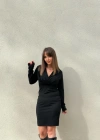 Kadın Uzun Kollu Kruvaze Yaka Krep Mini Boy Elbise