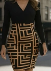 Kadın Uzun Kollu Kruvaze Yaka Labirent Desen Dalgıç Elbise