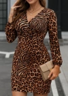 Kadın Uzun Kollu Kruvaze Yaka Leopar Desen Mikro Elbise