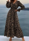 Kadın Uzun Kollu Kruvaze Yaka Leopar Desenli Uzun Süprem Elbise