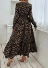 Kadın Uzun Kollu Kruvaze Yaka Leopar Desenli Uzun Süprem Elbise