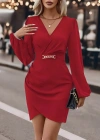 Kadın Uzun Kollu Kruvaze Yaka önden Asimetrik Detay Kısa Krep Elbise