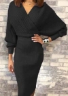 Kadın Uzun Kollu Kruvaze Yaka Triko Elbise