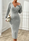 Kadın Uzun Kollu Kruvaze Yaka Triko Midi Boy Elbise