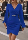 Kadın Uzun Kollu Kruvaze Yaka Yandan Büzgülü Asimetrik Detaylı Ithal Krep Mini Elbise