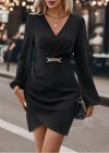 Kadın Uzun Kollu Kruvaze Yaka Yandan Büzgülü Asimetrik Detaylı Ithal Krep Mini Elbise
