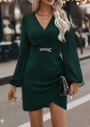 Kadın Uzun Kollu Kruvaze Yaka Yandan Büzgülü Asimetrik Detaylı Ithal Krep Mini Elbise