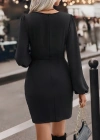 Kadın Uzun Kollu Kruvaze Yaka Yandan Büzgülü Asimetrik Detaylı Ithal Krep Mini Elbise