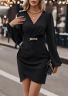 Kadın Uzun Kollu Kruvaze Yaka Yandan Büzgülü Asimetrik Detaylı Ithal Krep Mini Elbise