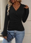 Kadın Uzun Kollu Kruvaze Yaka Yanlardan Büzgülü Viskon Bluz