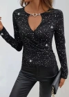 Kadın Uzun Kollu Kruvaze Yakalı Aksesuarlı Dalgıç Bluz