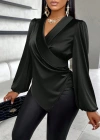 Kadın Uzun Kollu Kruvaze Yakalı Asimetrik Saten Bluz