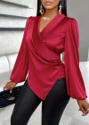 Kadın Uzun Kollu Kruvaze Yakalı Asimetrik Saten Bluz