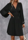 Kadın Uzun Kollu Kruvaze Yakalı Bel Korsajlı Mini Elbise