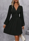 Kadın Uzun Kollu Kruvaze Yakalı Bel Korsajlı Mini Elbise