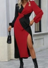 Kadın Uzun Kollu Kruvaze Yakalı Belden çapraz Detaylı çift Renkli Midi Ithal Krep Elbise