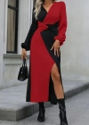 Kadın Uzun Kollu Kruvaze Yakalı Belden çapraz Detaylı çift Renkli Midi Ithal Krep Elbise