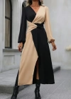 Kadın Uzun Kollu Kruvaze Yakalı Belden çapraz Detaylı çift Renkli Midi Ithal Krep Elbise