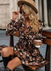 Kadın Uzun Kollu Kruvaze Yakalı Belden Kuşaklı çiçek Desenli Mikro Süprem Mini Elbise