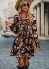 Kadın Uzun Kollu Kruvaze Yakalı Belden Kuşaklı çiçek Desenli Mikro Süprem Mini Elbise
