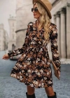 Kadın Uzun Kollu Kruvaze Yakalı Belden Kuşaklı çiçek Desenli Mikro Süprem Mini Elbise