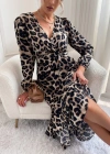 Kadın Uzun Kollu Kruvaze Yakalı Belden Kuşaklı Leopar