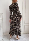 Kadın Uzun Kollu Kruvaze Yakalı Belden Kuşaklı Leopar Desenli Elbise