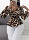Kadın Uzun Kollu Kruvaze Yakalı Belden Kuşaklı Leopar Desenli Süprem Bluz
