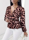 Kadın Uzun Kollu Kruvaze Yakalı Belden Kuşaklı Leopar Desenli Süprem Bluz