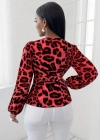 Kadın Uzun Kollu Kruvaze Yakalı Belden Kuşaklı Leopar Desenli Süprem Bluz