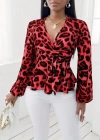 Kadın Uzun Kollu Kruvaze Yakalı Belden Kuşaklı Leopar Desenli Süprem Bluz