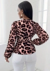 Kadın Uzun Kollu Kruvaze Yakalı Belden Kuşaklı Leopar Desenli Süprem Bluz