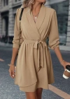 Kadın Uzun Kollu Kruvaze Yakalı Belden Kuşaklı Mini çift Katlı Ithal Krep Elbise
